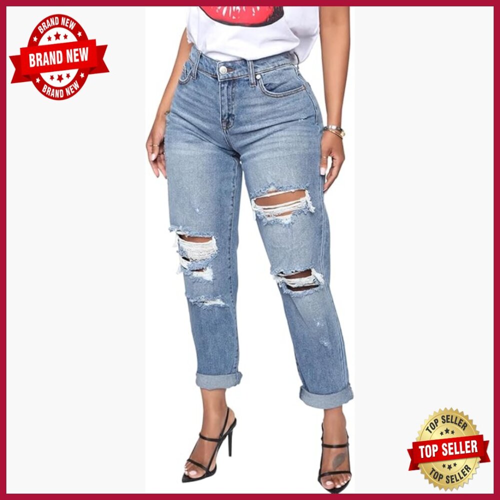 High Waisted Stretchy Skinny Jeans Boyfriend Fit Distressed Frayed Denim